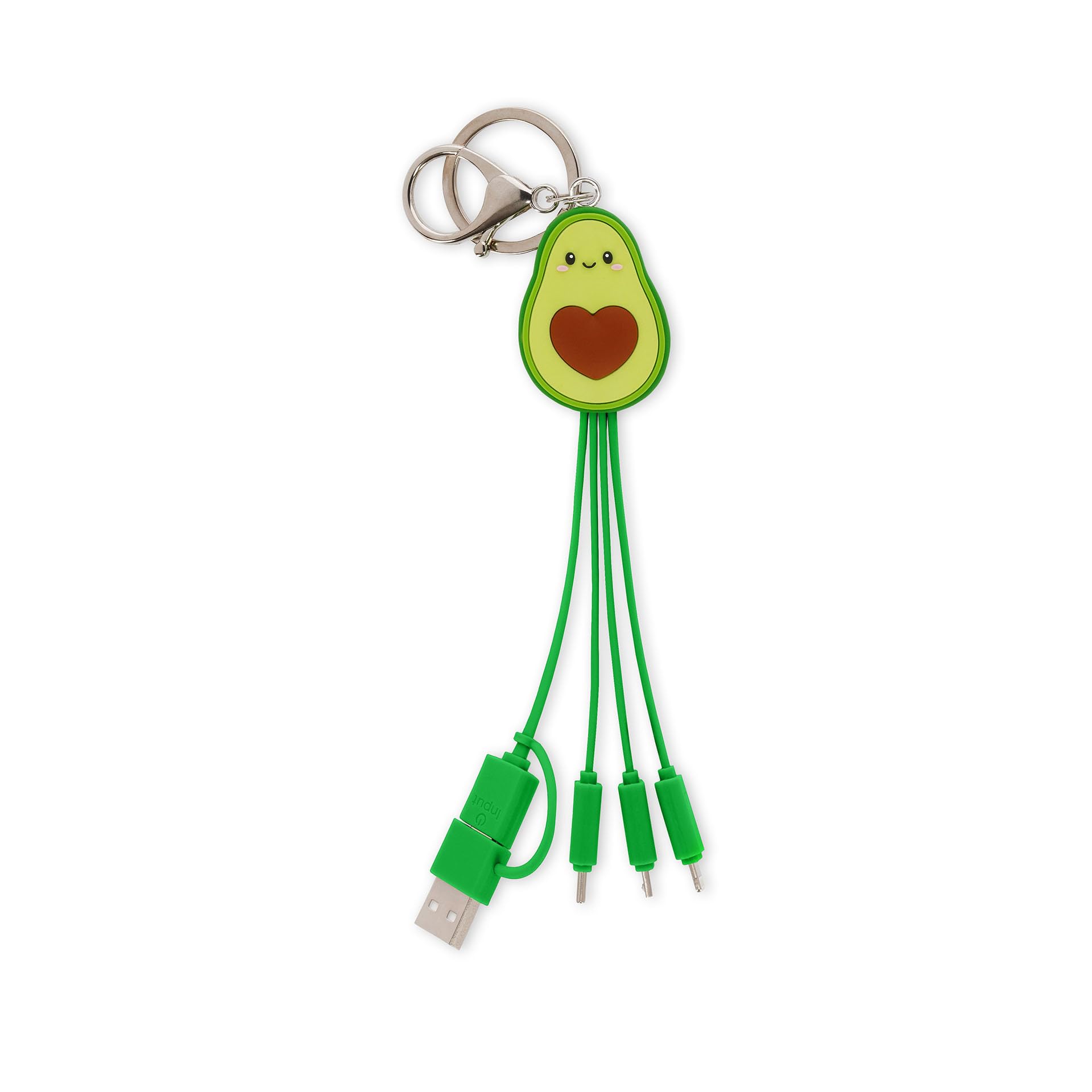 Legami - Avocado Theme Multiple Link Up Charging Cable with Keychain, 4 USB Charging Cables, Type-C, Micro-USB, Lightning, with USB Type C Adapter, TPE Coated Cable