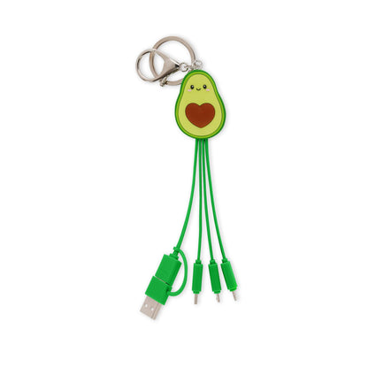Legami - Avocado Theme Multiple Link Up Charging Cable with Keychain, 4 USB Charging Cables, Type-C, Micro-USB, Lightning, with USB Type C Adapter, TPE Coated Cable