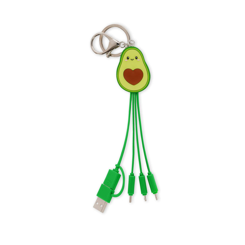 Legami - Avocado Theme Multiple Link Up Charging Cable with Keychain, 4 USB Charging Cables, Type-C, Micro-USB, Lightning, with USB Type C Adapter, TPE Coated Cable
