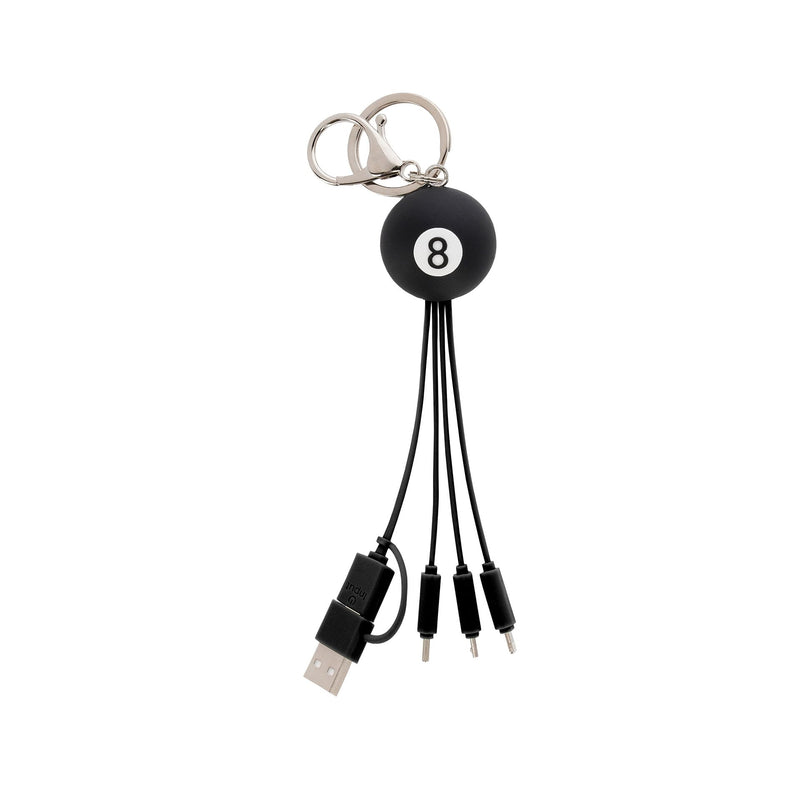 Legami - Multiple Link Up Charging Cable, Theme 8 Ball, with Keychain, 4 USB Charging Cables, Type-C, Micro-USB, Lightning, with USB Type C Adapter, TPE Coated Cable