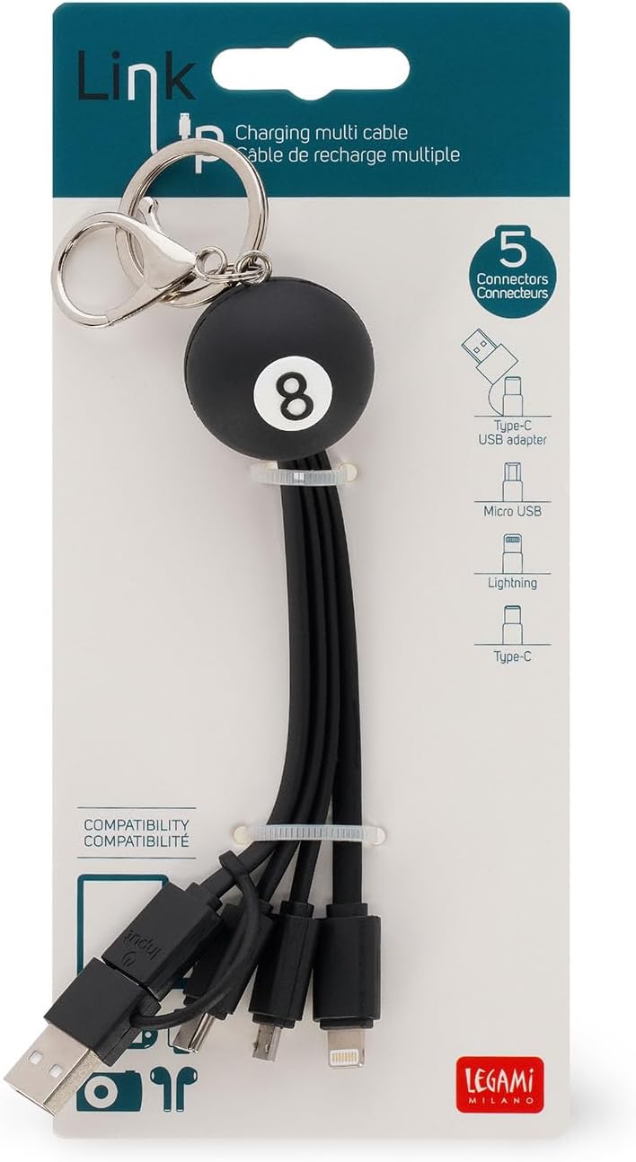 Legami - Multiple Link Up Charging Cable, Theme 8 Ball, with Keychain, 4 USB Charging Cables, Type-C, Micro-USB, Lightning, with USB Type C Adapter, TPE Coated Cable