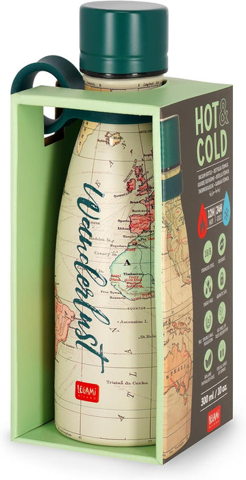 LEGAMI - Hot & Cold Mini Vacuum Flask, Lightweight and Durable Thermal Water Bottle, Hermetic Closure, Removable Silicone Handle, Stainless Steel, Capacity 300 ml, Travel Theme