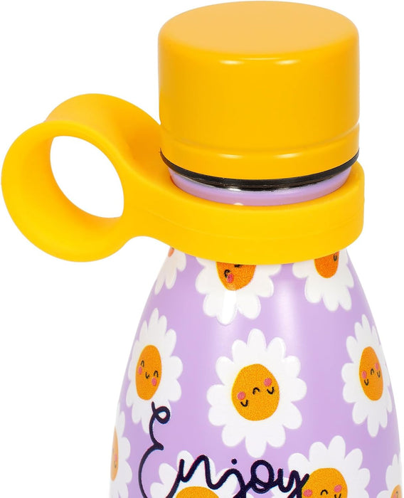 LEGAMI - Hot & Cold Mini Vacuum Flask, Lightweight and Durable Thermal Water Bottle, Hermetic Closure, Removable Silicone Handle, Stainless Steel, Capacity 300 ml, Daisy Theme