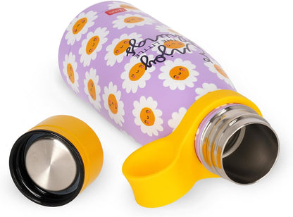 LEGAMI - Hot & Cold Mini Vacuum Flask, Lightweight and Durable Thermal Water Bottle, Hermetic Closure, Removable Silicone Handle, Stainless Steel, Capacity 300 ml, Daisy Theme