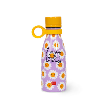 LEGAMI - Hot & Cold Mini Vacuum Flask, Lightweight and Durable Thermal Water Bottle, Hermetic Closure, Removable Silicone Handle, Stainless Steel, Capacity 300 ml, Daisy Theme