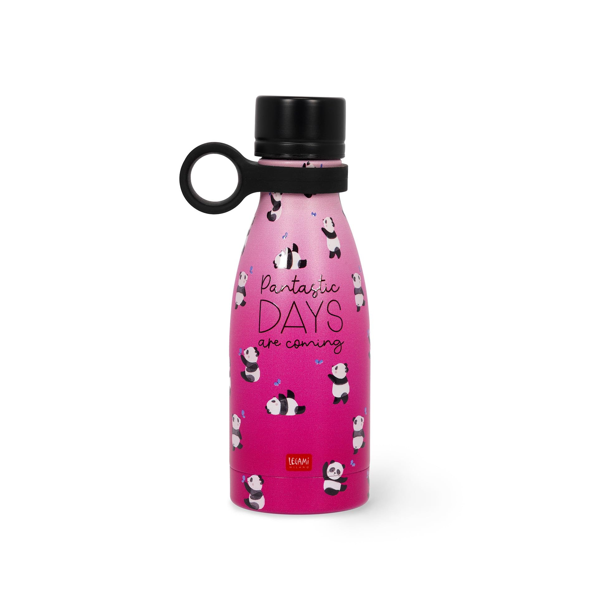 Legami - Hot & Cold Mini Vacuum Flask, Lightweight and Durable Thermal Water Bottle, Hermetic Closure, Removable Silicone Handle, Stainless Steel, Capacity 300 ml, Panda Theme