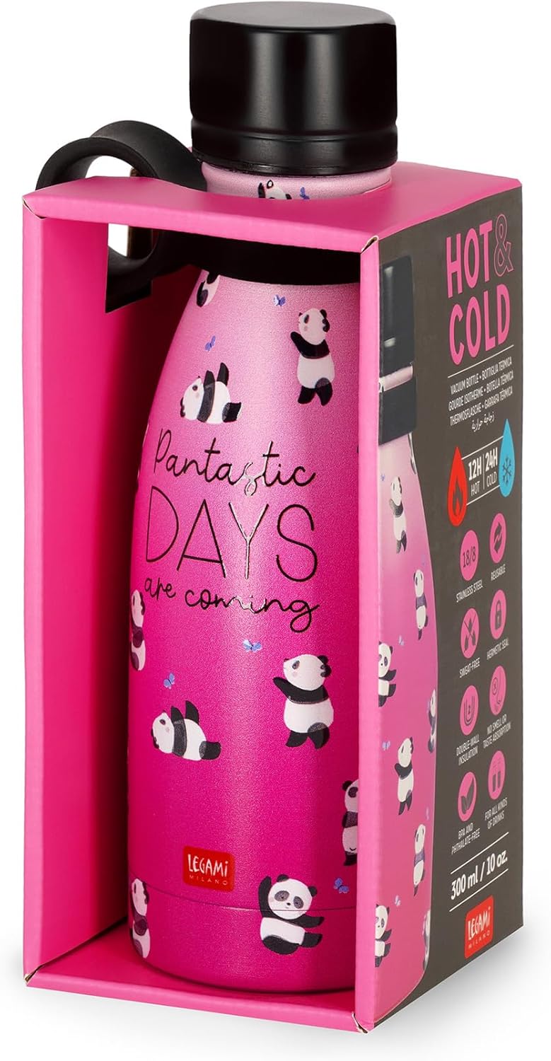 Legami - Hot & Cold Mini Vacuum Flask, Lightweight and Durable Thermal Water Bottle, Hermetic Closure, Removable Silicone Handle, Stainless Steel, Capacity 300 ml, Panda Theme