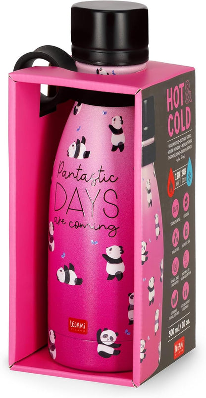 Legami - Hot & Cold Mini Vacuum Flask, Lightweight and Durable Thermal Water Bottle, Hermetic Closure, Removable Silicone Handle, Stainless Steel, Capacity 300 ml, Panda Theme