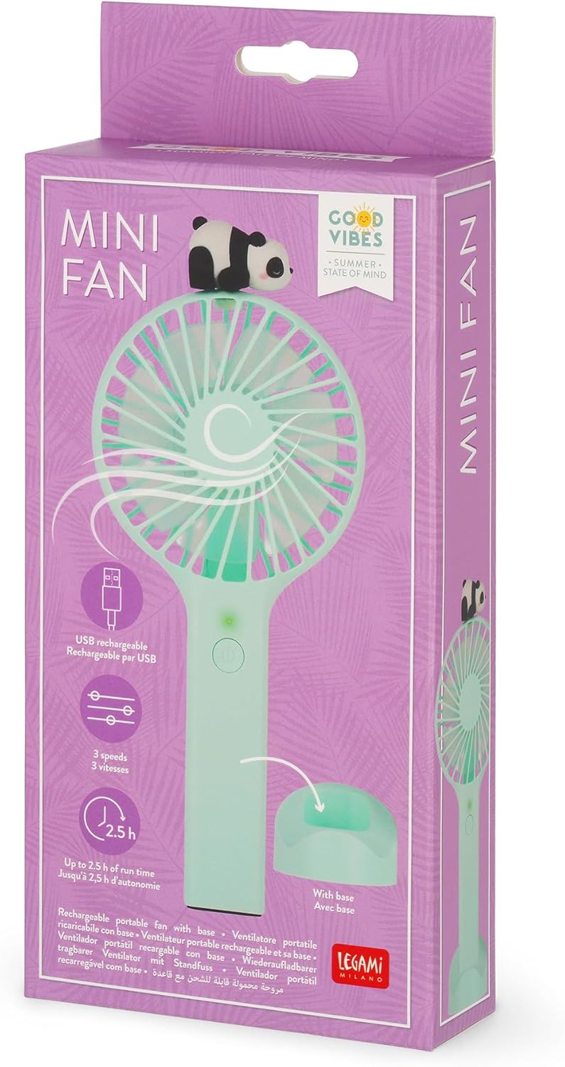 Legami - Mini Ventilatore Portatile Ricaricabile, Mini Fan, Ventilatore Panda Piccolo Tascabile a 3 Velocità, USB Ricaricabile, 6 x 21,5 x 6,6 cm