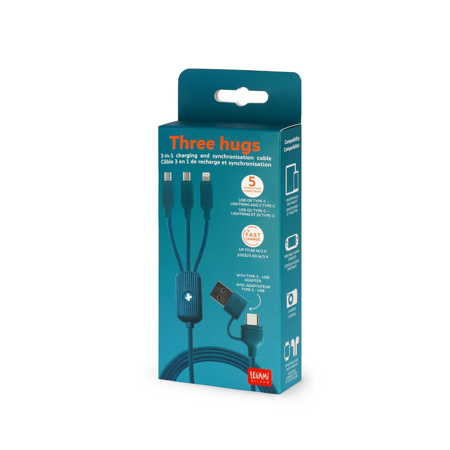 LEGAMI - 3 in 1 Cactus Design 5 Ports Charging and Sync Cable with Type-C USB Adapter Fast Charge up to 60W/3A Length 120cm