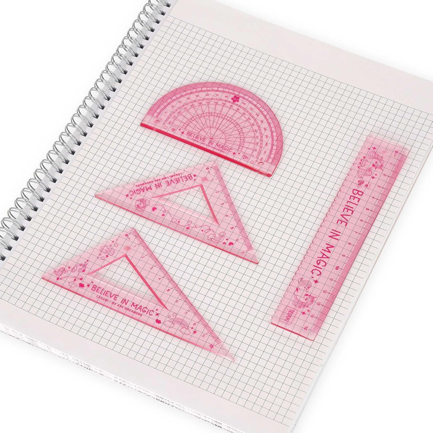 Legami - Geometry Set, Set with 15 cm Ruler, 60 ° Square 10 cm, 180 ° Protractor for School, Case Included, Flexible Material, Unicorn Theme