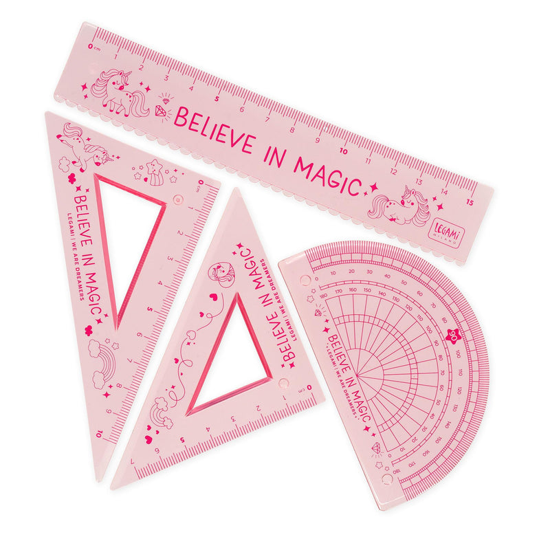 Legami - Geometry Set, Set with 15 cm Ruler, 60 ° Square 10 cm, 180 ° Protractor for School, Case Included, Flexible Material, Unicorn Theme