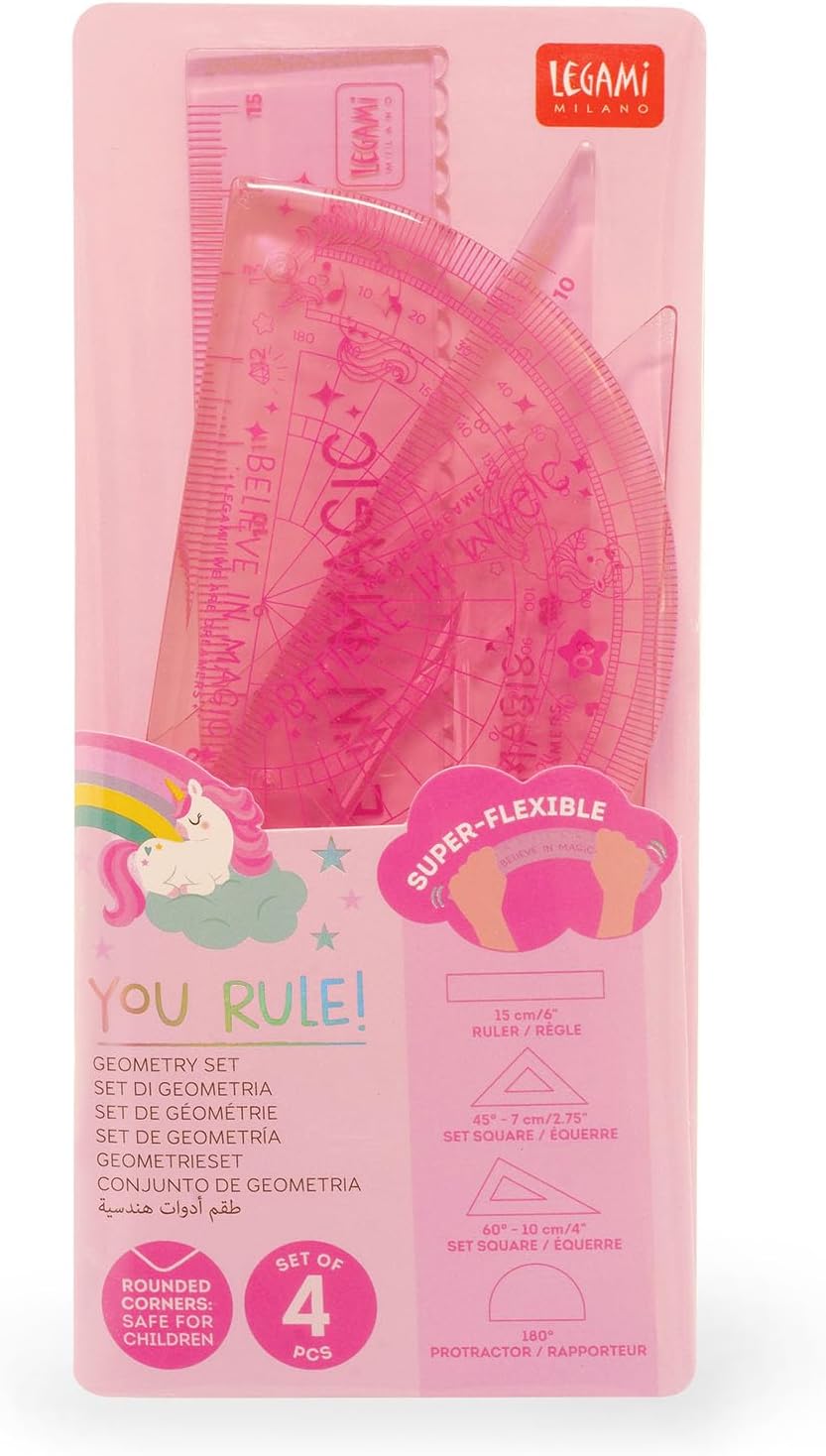 Legami - Geometry Set, Set with 15 cm Ruler, 60 ° Square 10 cm, 180 ° Protractor for School, Case Included, Flexible Material, Unicorn Theme