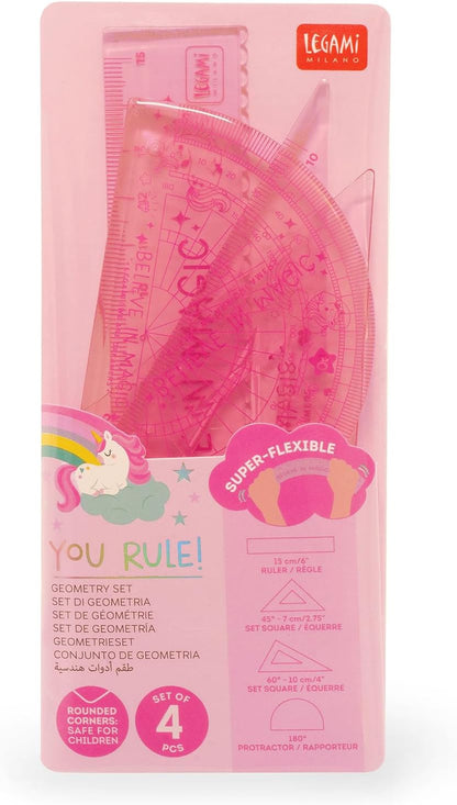 Legami - Geometry Set, Set with 15 cm Ruler, 60 ° Square 10 cm, 180 ° Protractor for School, Case Included, Flexible Material, Unicorn Theme