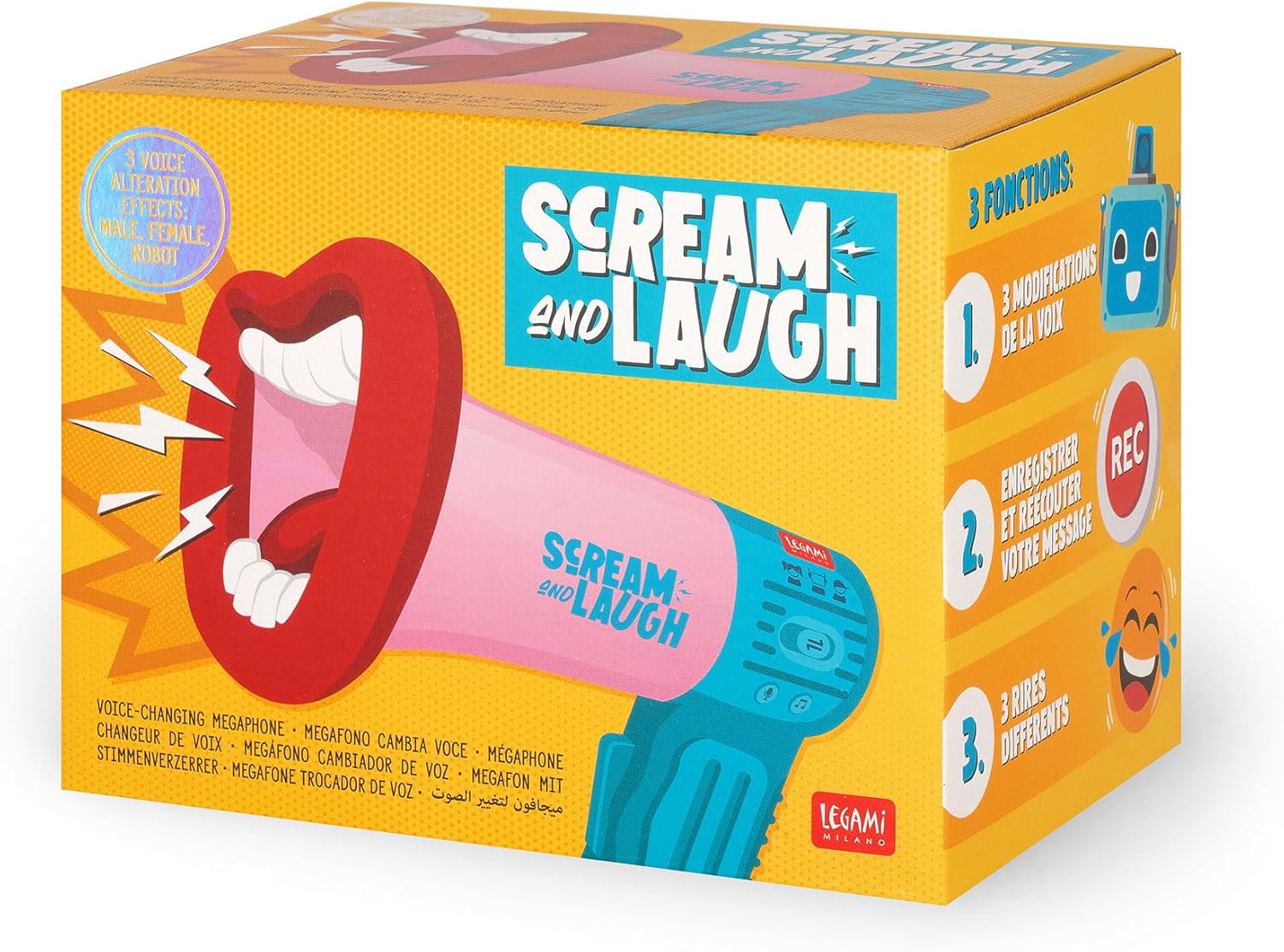 Legami - Scream and Laugh Megaphone Batteries Not Included, 3 Voice Distortion Effects, Recording Function, 3 Types of Laughs, 11.3 x 15.5 cm
