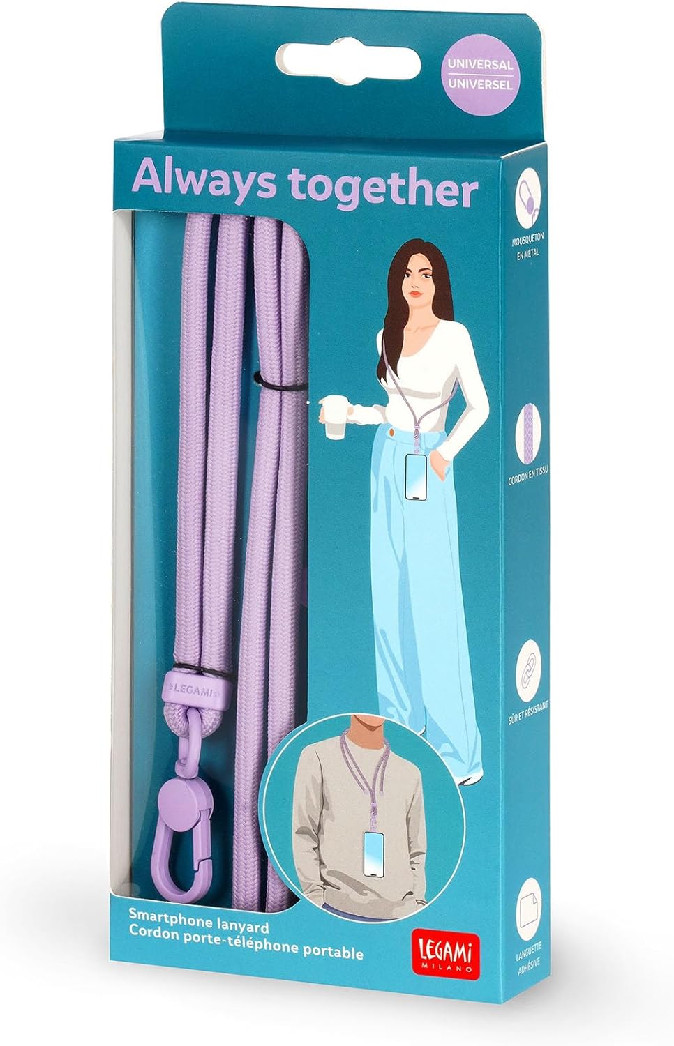 LEGAMI - Always Together, Smartohone Laynard Adjustable Neck Strap with Metal Hook, Secure Closure, Sticker, Lilac, 70 cm