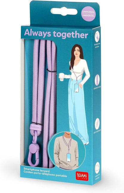 LEGAMI - Always Together, Smartohone Laynard Adjustable Neck Strap with Metal Hook, Secure Closure, Sticker, Lilac, 70 cm