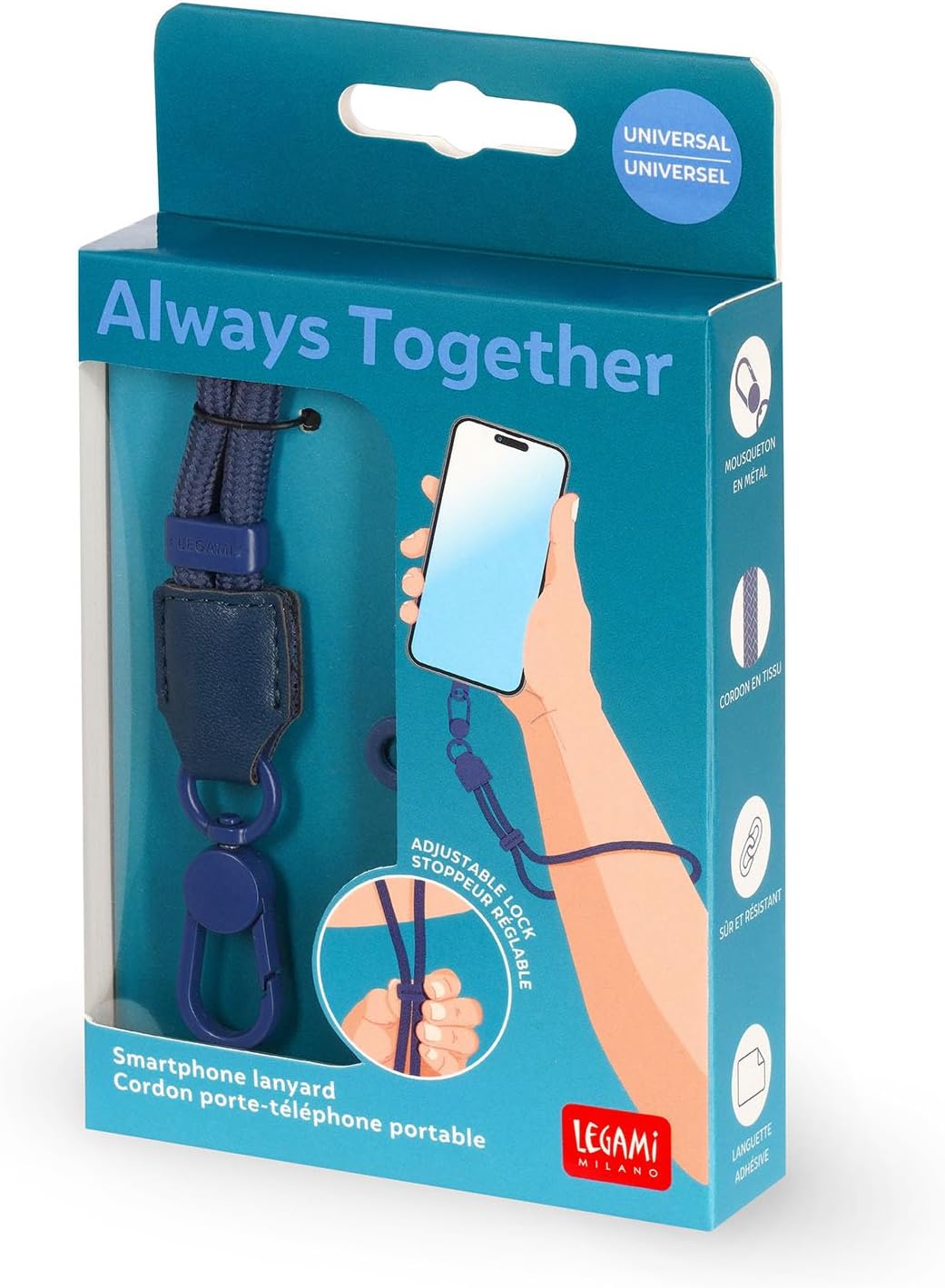 LEGAMI - Always Together, Smartohone Laynard, Adjustable Neck Strap with Metal Hook, Secure Clasp, Sticker, Blueberry, 27 cm