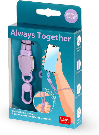 LEGAMI - Always Together, Smartohone Laynard, Adjustable Neck Strap with Metal Hook, Secure Closure, Sticker, Lilac, 27 cm