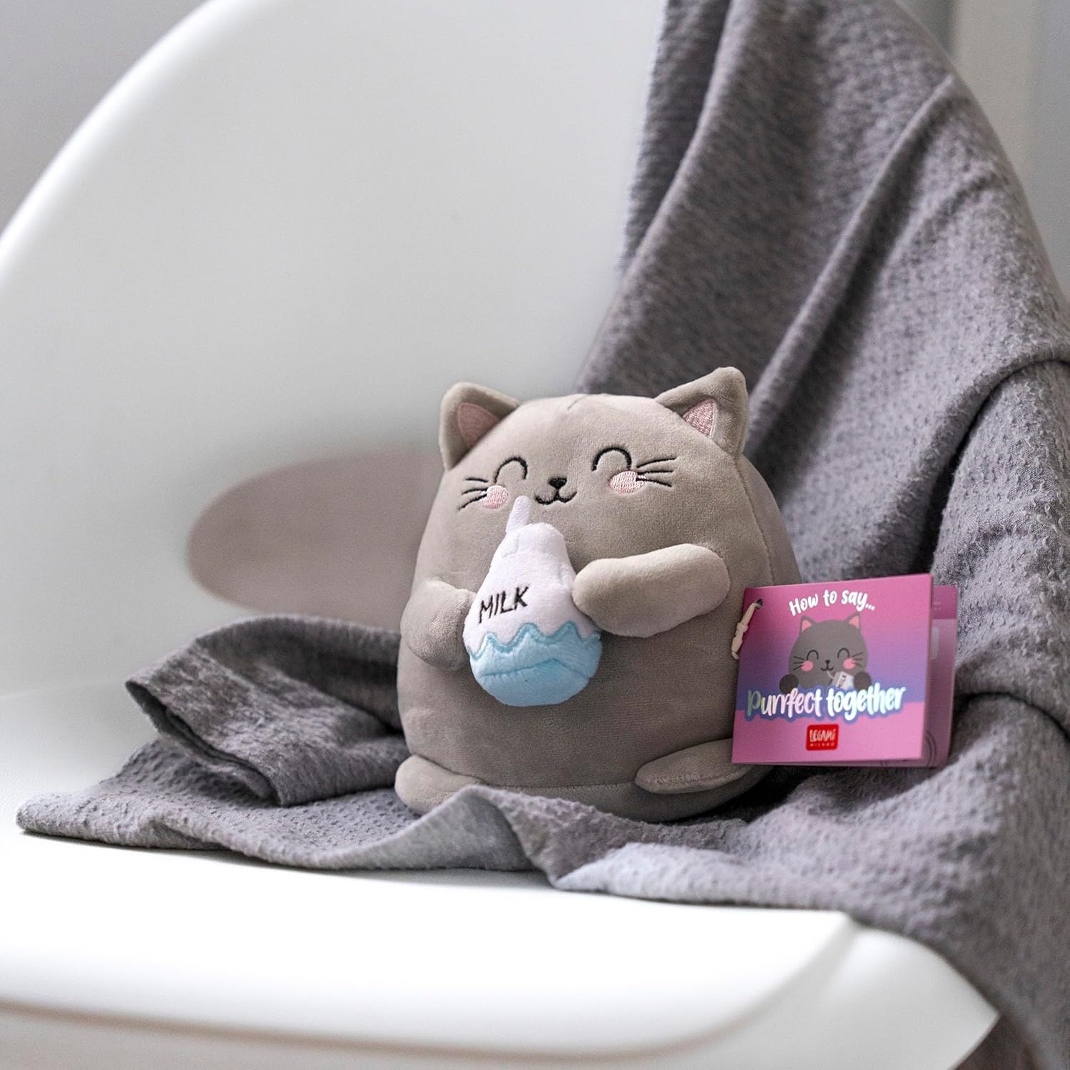 LEGAMI - Super Soft Plush Plush Kitty Theme, Mini Size, with Personalised ID Card, Stands Alone, 14 x 15 x 12 cm, Grey