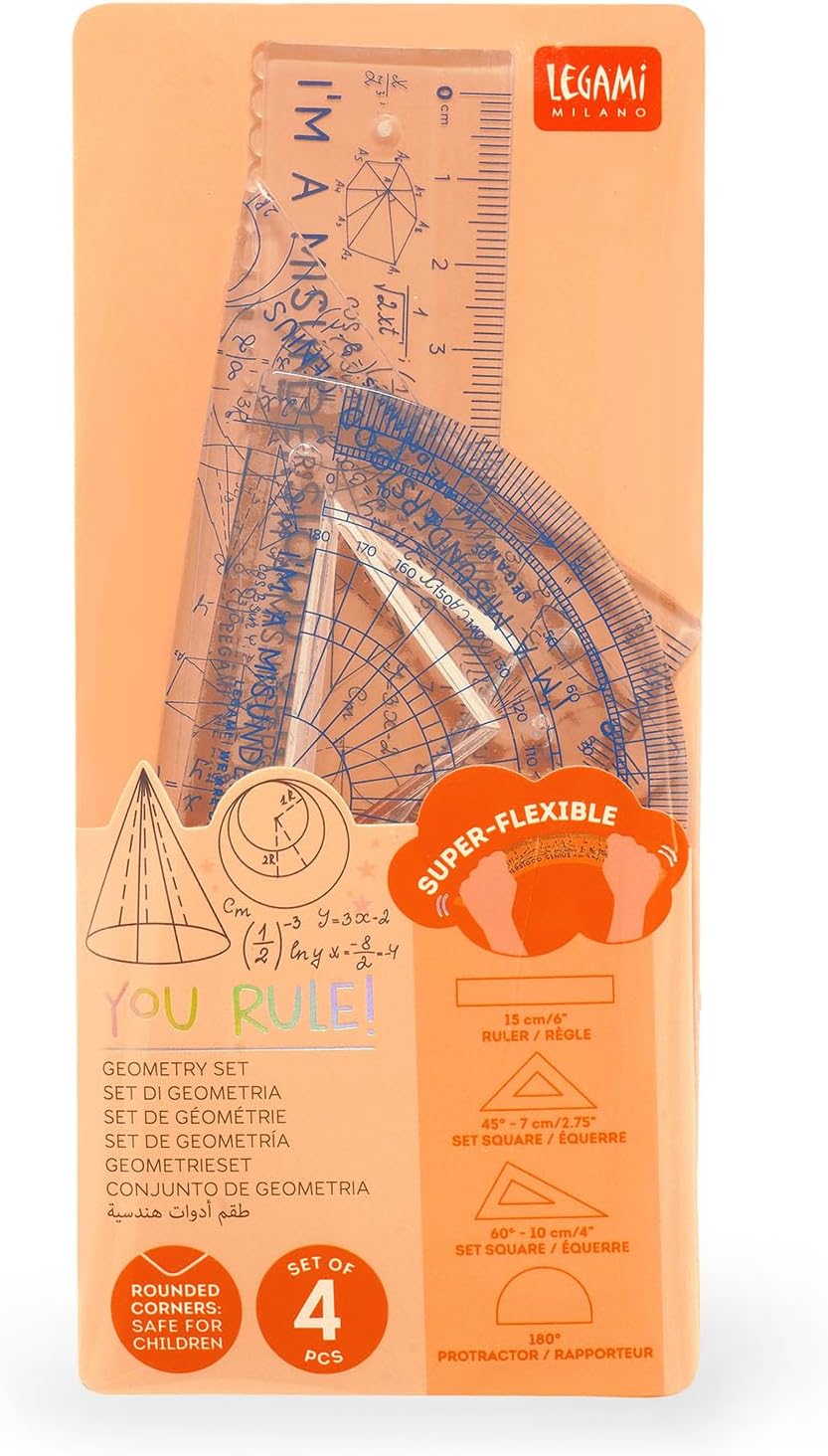 Legami - Geometry Set with 15 cm Ruler, 10 cm 60° Square, 180° Protractor for School, Includes Case, Flexible Material, Genius Motif