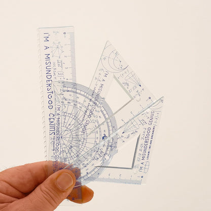 Legami - Geometry Set with 15 cm Ruler, 10 cm 60° Square, 180° Protractor for School, Includes Case, Flexible Material, Genius Motif