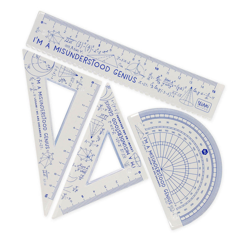 Legami - Geometry Set with 15 cm Ruler, 10 cm 60° Square, 180° Protractor for School, Includes Case, Flexible Material, Genius Motif