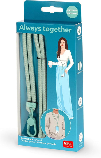 LEGAMI - Always Together, Smartohone Laynard Adjustable Neck Strap with Metal Hook, Secure Closure, Sticker, Milk & Mint, 70 cm