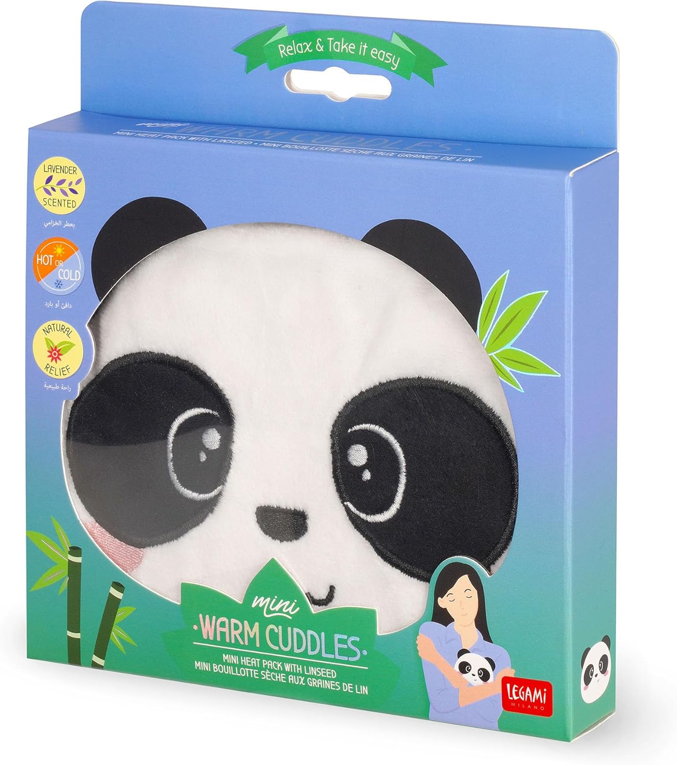 Legami - Mini Thermal Cushion with Flax Seed, Warm Cuddles, Flax Seed, Lavender Fragrance, Polyester and Cotton, Gives Relaxation, Panda Theme, Use in Microwave, Fridge or Microwave, 18 x 19 x 2.5 cm