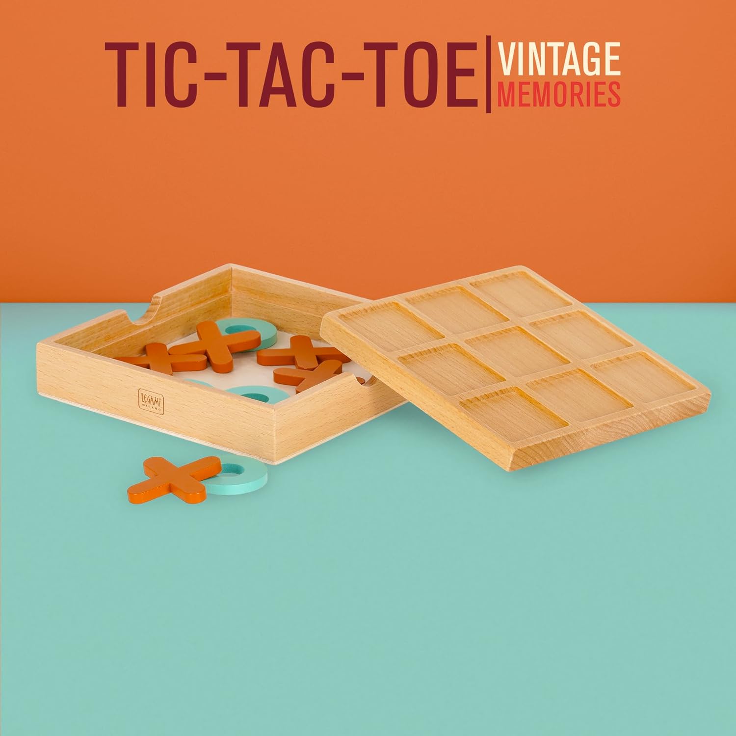 Legami - Tic-Tac-Toe Trio with 10 Tiles, Game Guide with Instructions Included, Beech Wood Board, MDF Tiles, Case Included, 14 x 14 x 2.8 cm