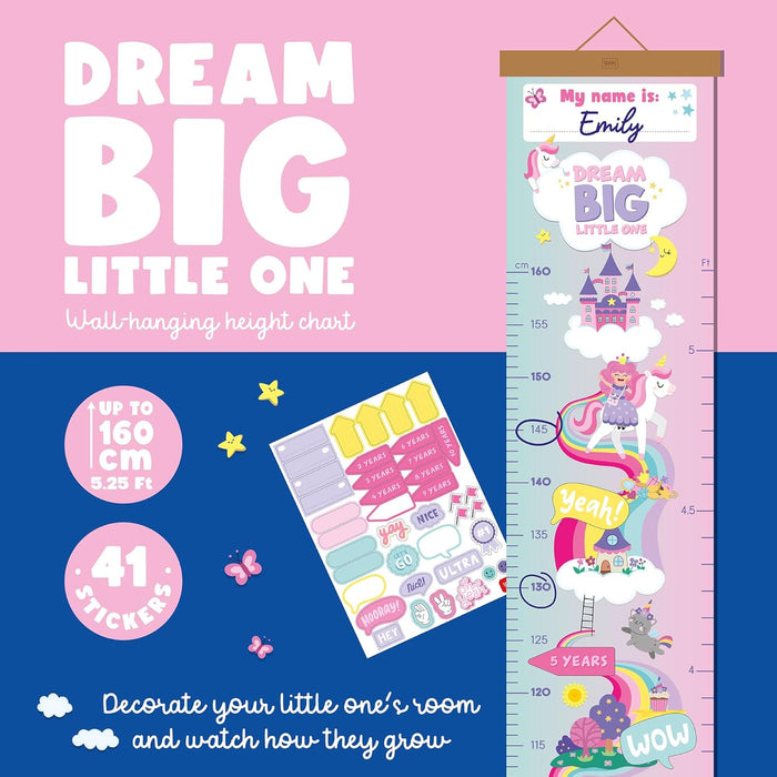 Legami - Metro de pared Dream Big Little One, metro colgante para medir la altura de los niños, hasta 160 cm, 41 pegatinas incluidas, con listones de madera, tema Unicorn