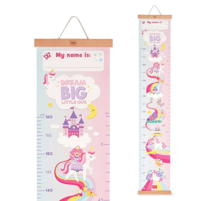 Legami - Metro de pared Dream Big Little One, metro colgante para medir la altura de los niños, hasta 160 cm, 41 pegatinas incluidas, con listones de madera, tema Unicorn