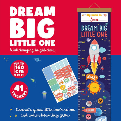 Legami - Dream Big Little One Hanging Height Chart for Kids Height up to 160 cm 41 Stickers with Wooden Strips Room Motif