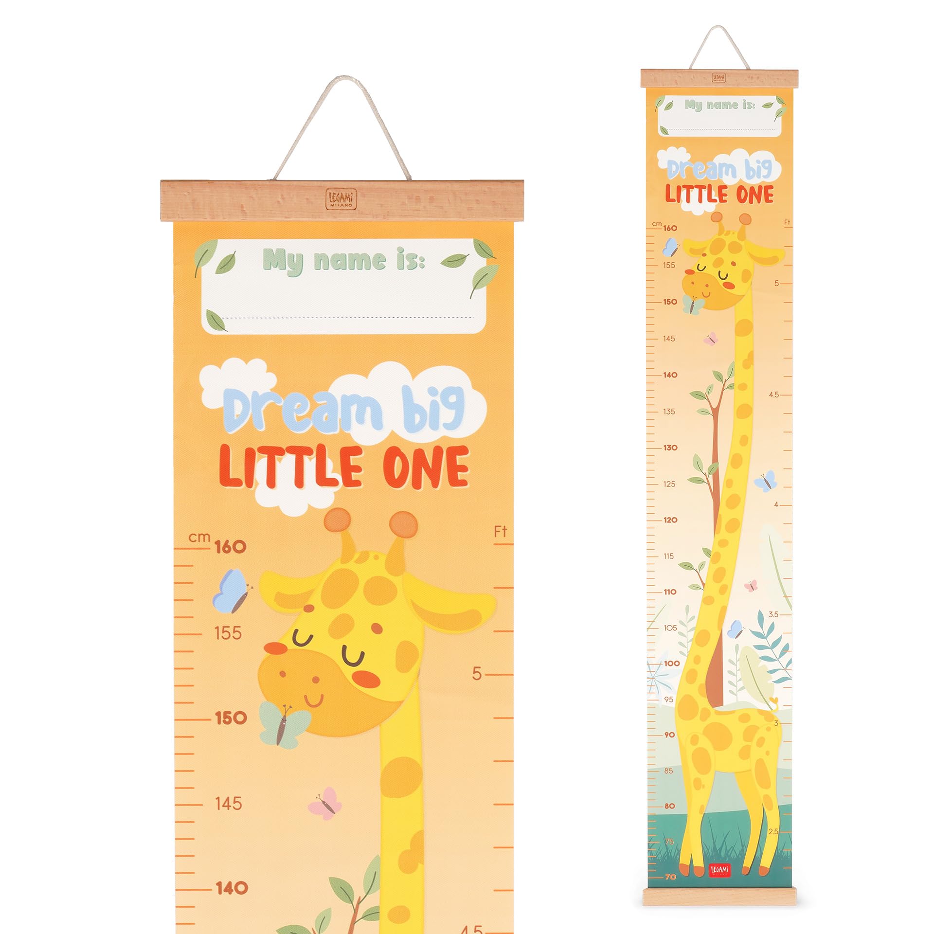 Legami - Dream Big Little One Height Hanging Height Chart for Children up to 160 cm 41 Stickers with Wooden Strips Giraffe