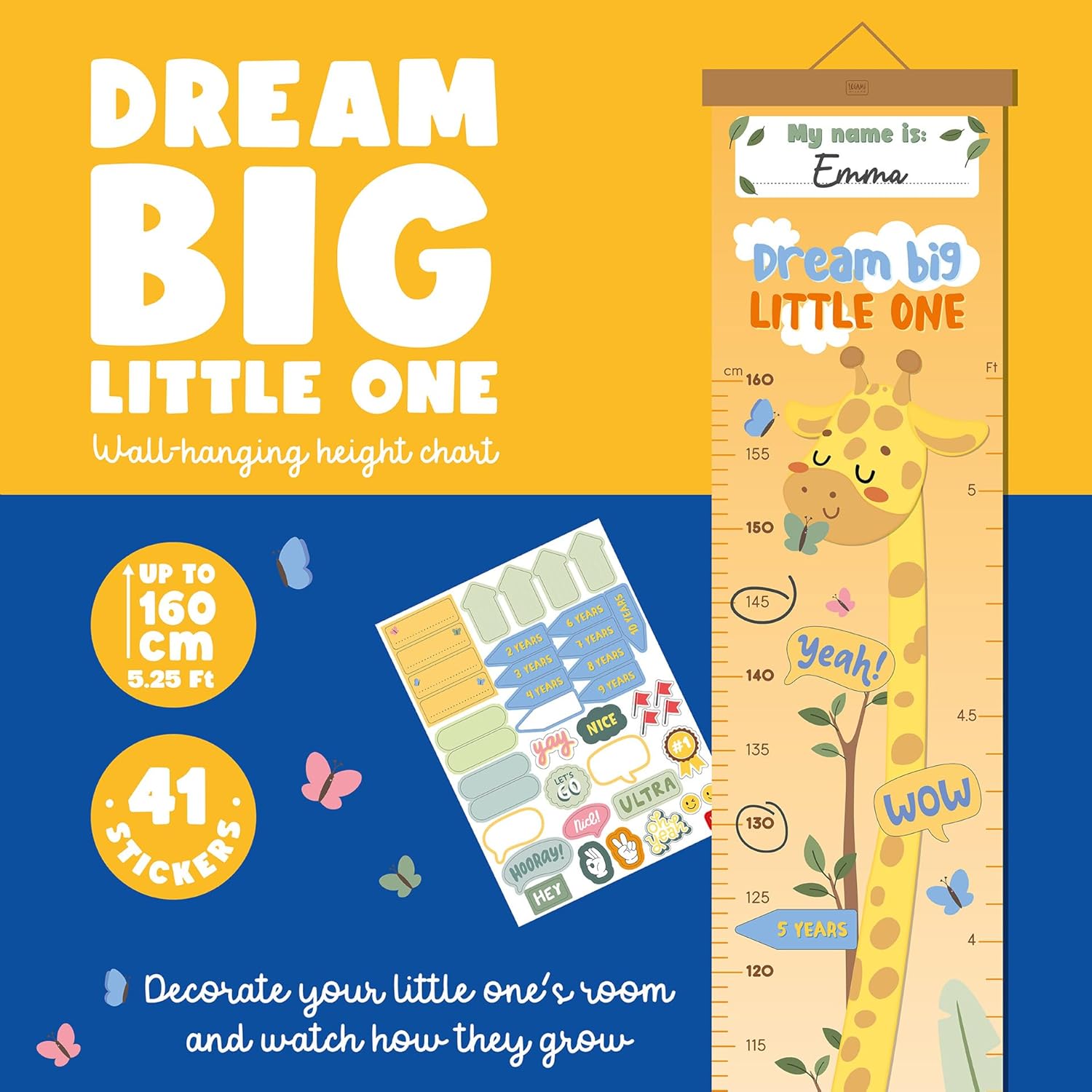 Legami - Dream Big Little One Height Hanging Height Chart for Children up to 160 cm 41 Stickers with Wooden Strips Giraffe