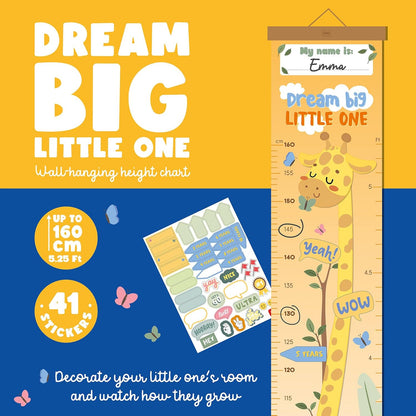 Legami - Dream Big Little One Height Hanging Height Chart for Children up to 160 cm 41 Stickers with Wooden Strips Giraffe