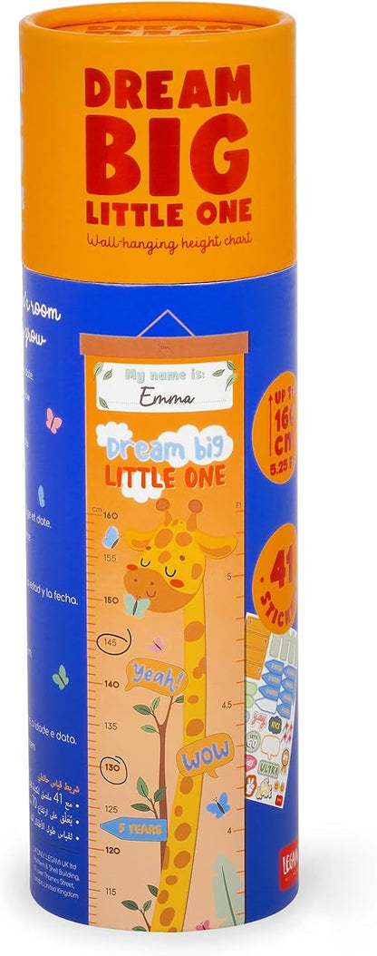 Legami - Dream Big Little One Height Hanging Height Chart for Children up to 160 cm 41 Stickers with Wooden Strips Giraffe