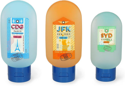 Legami - Travel Set with 3 Bottles (2 x 100 ml and 1 x 60 ml), 1 Spatula and 1 Jar (30 ml) compliant with Airport Regulations, Removable and Water Resistant Labels