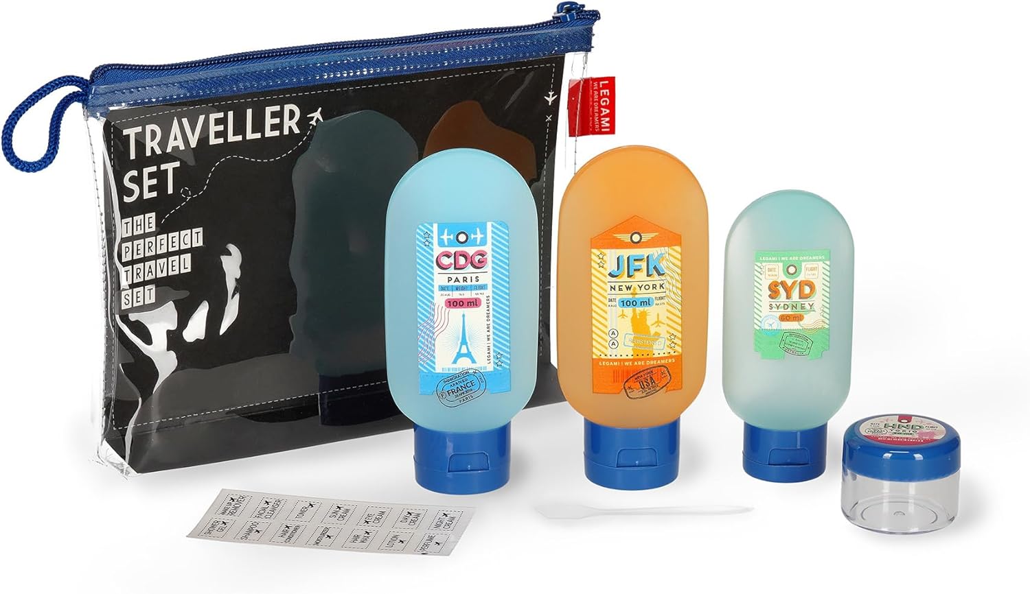Legami - Travel Set with 3 Bottles (2 x 100 ml and 1 x 60 ml), 1 Spatula and 1 Jar (30 ml) compliant with Airport Regulations, Removable and Water Resistant Labels