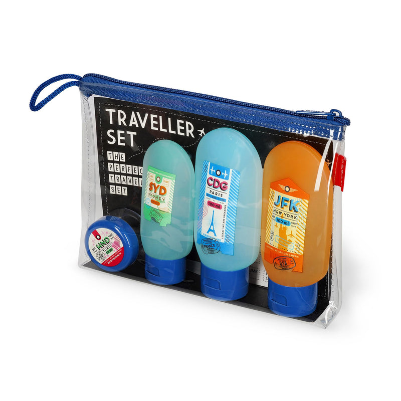 Legami - Travel Set with 3 Bottles (2 x 100 ml and 1 x 60 ml), 1 Spatula and 1 Jar (30 ml) compliant with Airport Regulations, Removable and Water Resistant Labels
