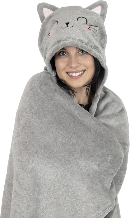 LEGAMI - Cosy Hugs! Kitty Hooded Blanket with Hand Warmer Pockets and Hood, Polyester Blanket, Button Closure, 150 x 125 cm, gray, Einzelbett