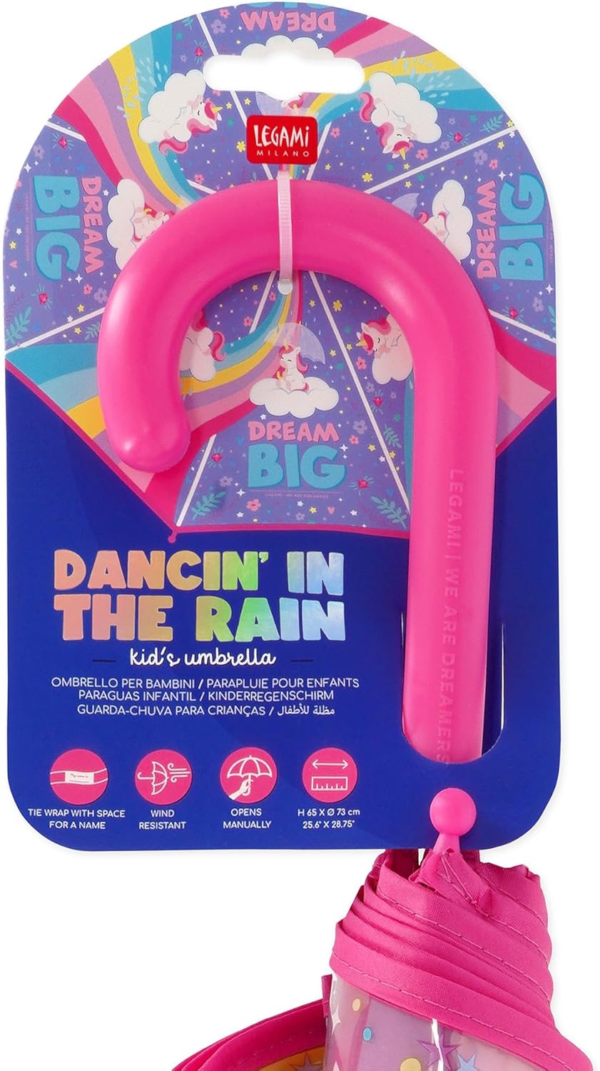 VUSE Legami - Dancin' In The Rain Kinderregenschirm, winddichte Struktur, manuelle Öffnung, Stoffverschluss mit Platz für Namen, Hakengriff, 73x65 cm