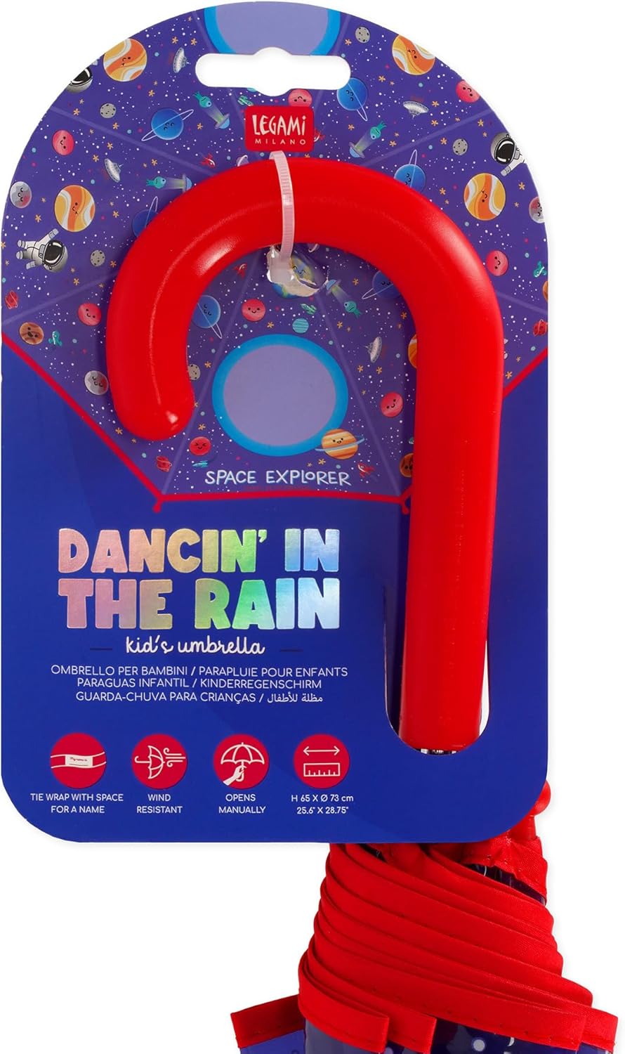 VUSE Legami - Dancin' In The Rain Kinderregenschirm, winddichte Struktur, manuelle Öffnung, Stoffverschluss mit Platz für Namen, Hakengriff, 73x65 cm