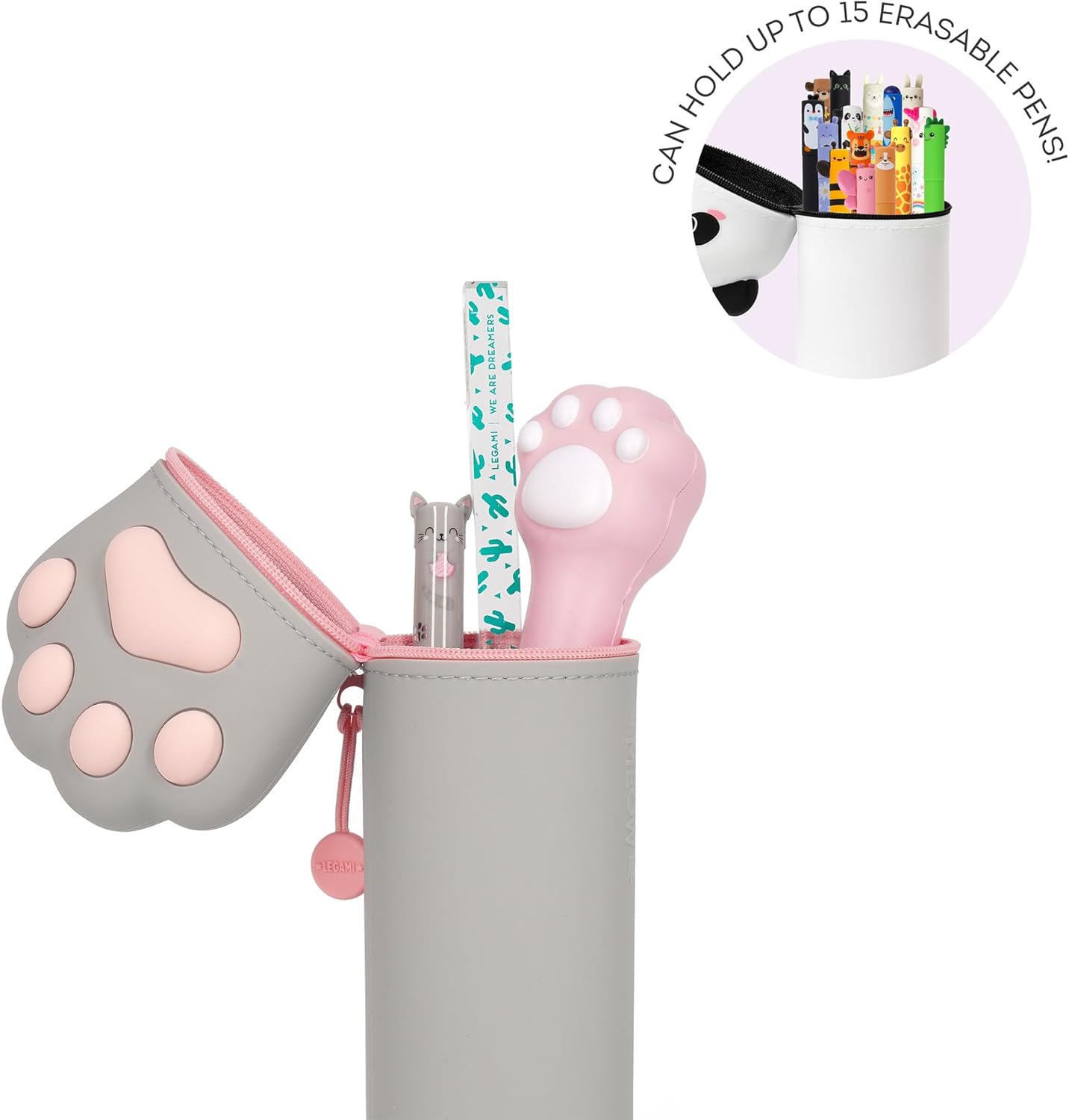 Legami – Kawaii School Pencil Case 2 in 1 Soft Silicone, Table Pen Holder, Zipper Closure, Pastel Pens Marker, H 18.5 cm