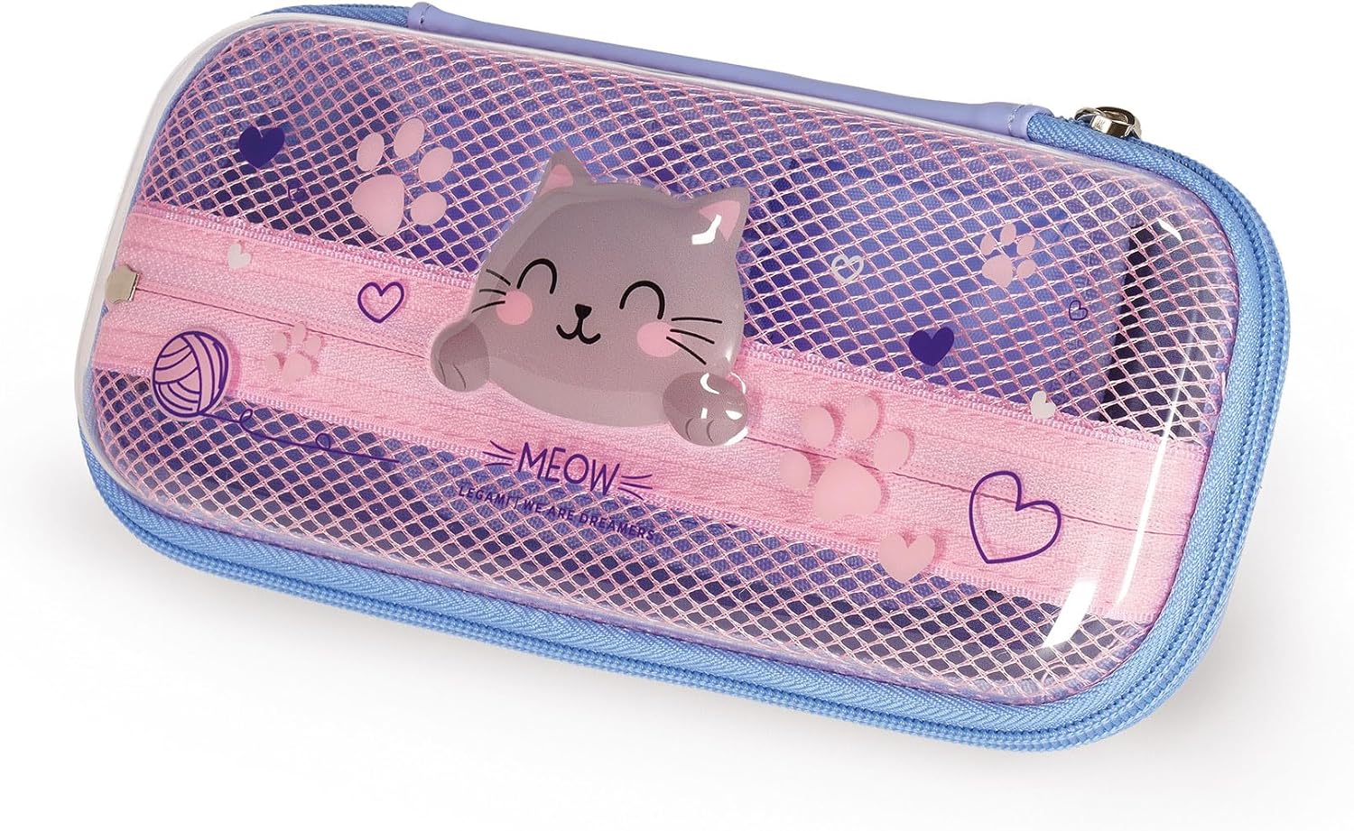 Legami - Wonderwow Pencil Case, Kitty Theme, 2 Compartments and Inner Pen Holder, Inner Compartment with Mesh Fabric, Zip Closure, 23 x 11 x 5 cm