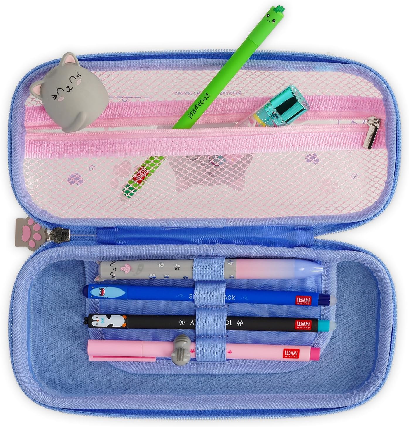 Legami - Wonderwow Pencil Case, Kitty Theme, 2 Compartments and Inner Pen Holder, Inner Compartment with Mesh Fabric, Zip Closure, 23 x 11 x 5 cm