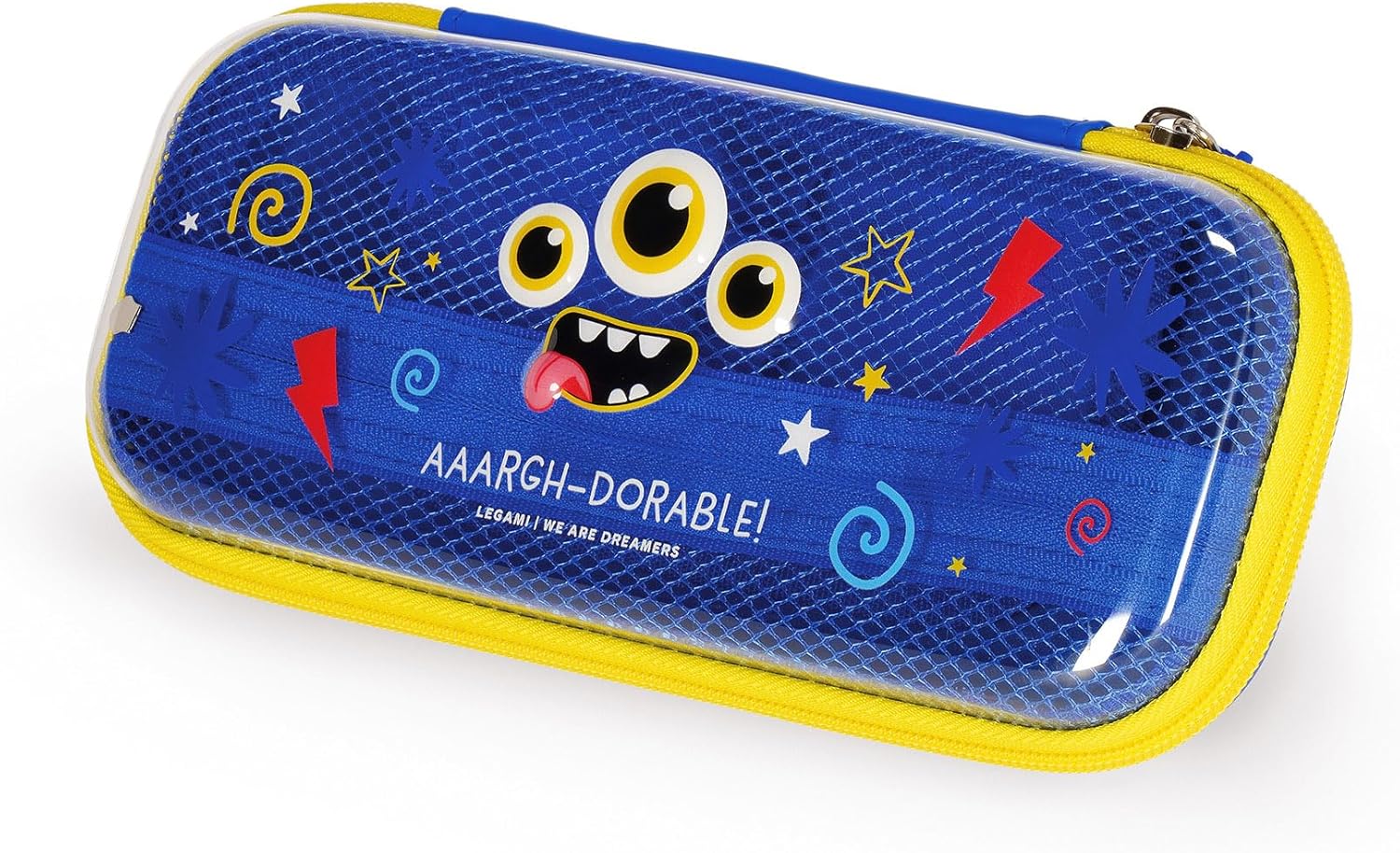 Legami - Wonderwow Monster Theme Pencil Case, 2 Compartments and Inner Pen Holder, Inner Compartment with Mesh Fabric, Zip Closure, 23 x 11 x 5 cm