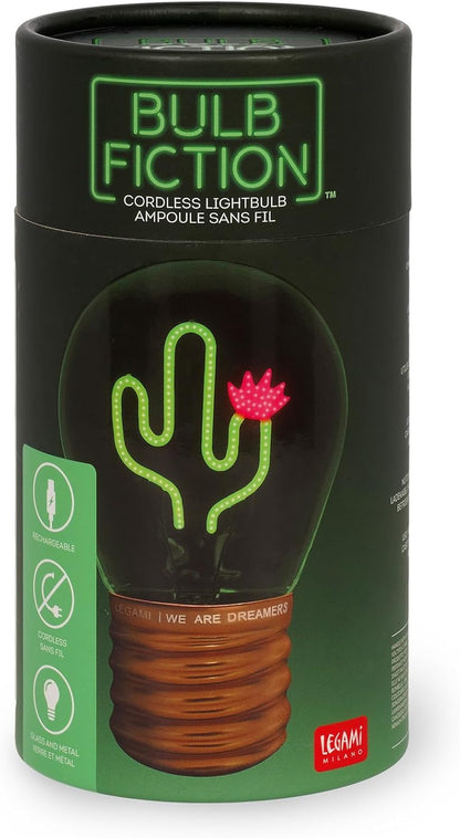 Legami - Table Lamp in The Shape of a Bulb, Rechargeable with USB Cable, Wireless, Bulb Fiction, Theme Cactus, 6.8 x 10.5 cm