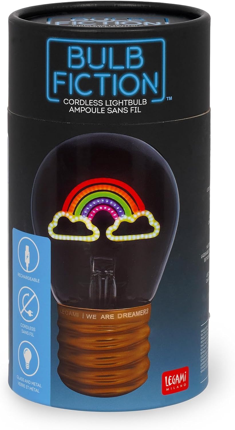 Legami - Table Lamp in The Shape of a Bulb, Rechargeable with USB Cable, Wireless, Bulb Fiction, Rainbow Theme, 6.8 x 10.5 cm