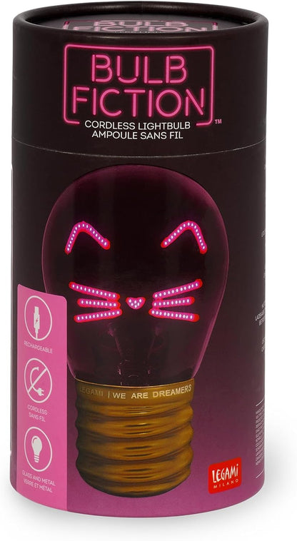 LEGAMI - Light Bulb Shaped Table Lamp, Rechargeable with USB Cable, Wireless Bulbs Fiction, Kitty Theme, 6.8 x 10.3 cm